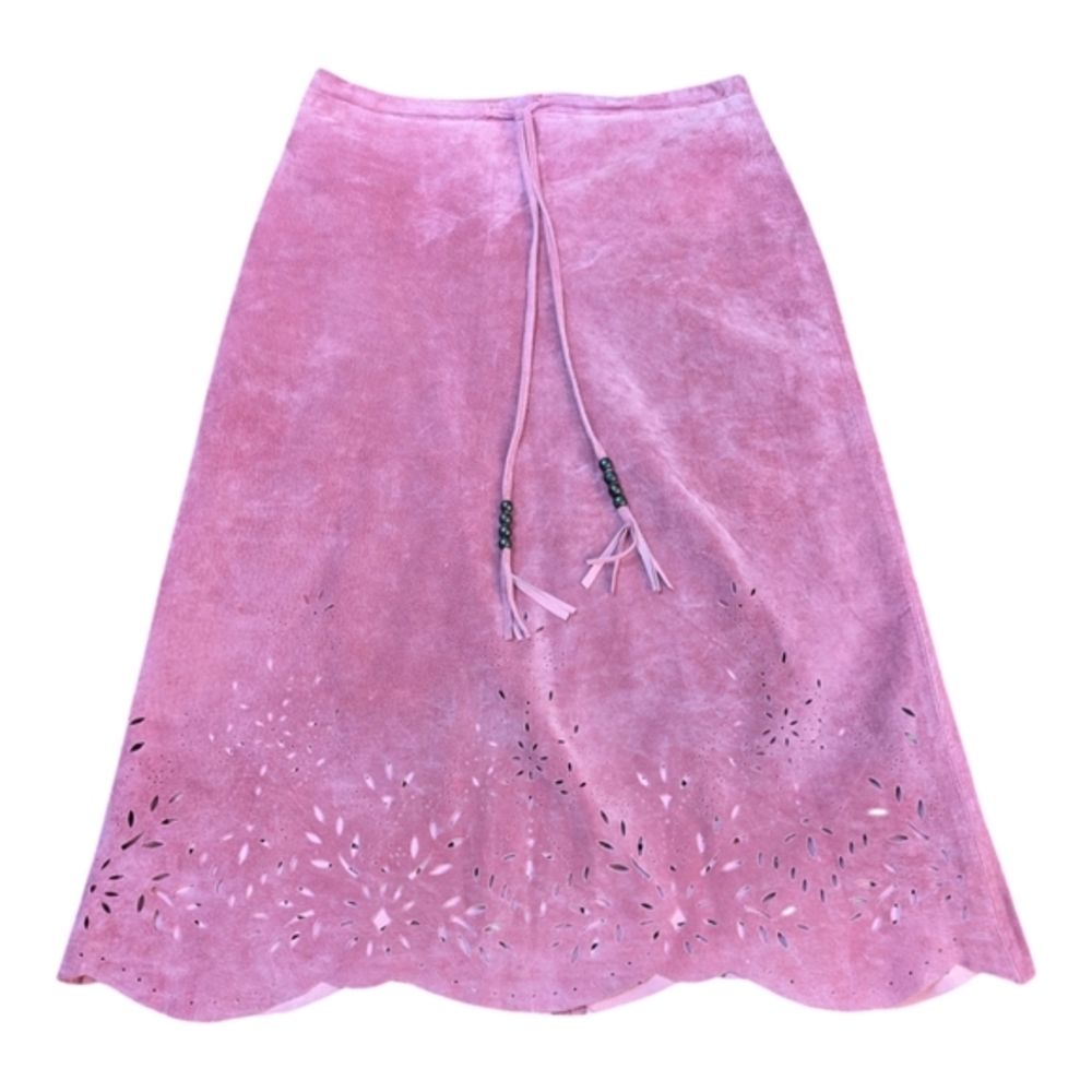 Pink Vintage genuine suede leather laser- cut  Floral Lace midi skirt si…